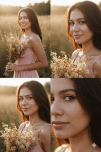4-Panel Cinematic Portrait: Ultra-Realistic Pink Gown &amp; Dried Wildflowers AI Prompt