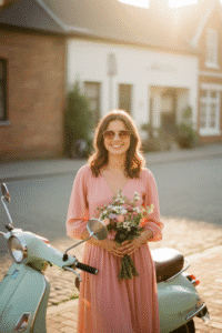 Vintage Vibe: Retro Portrait with Pastel Scooter, Flowers, &amp; Film Grain AI Prompt