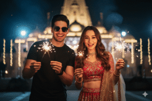 Cinematic Diwali Night Portrait: Fireworks &amp; Temple Background