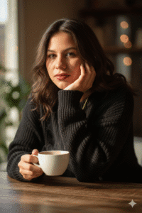 Hyper-Realistic Cozy Portrait: Dreamy Natural Light &amp; Knitted Sweater AI Prompt