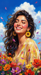 Stunning Joyful Woman Digital Oil Painting Portrait in Vibrant Floral Art