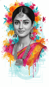 Hyper-Realistic South Asian Woman Portrait with Traditional Jewelry &amp; Watercolor Art