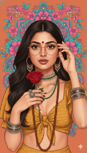 High-Quality Digital Illustration of a Stunning South Asian Woman | Psychedelic Fashion Art