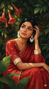 Studio Ghibli-Inspired Digital Painting of a South Asian Woman in Red Saree