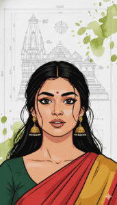 Stunning South Asian Woman Mixed-Media Illustration with Architectural Blueprint Art