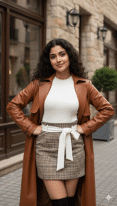 Brown Curly Hair Cascading Over Shoulders, Warm Tan Skin